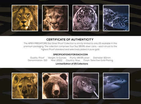 Niue 2022 $10 Apex Predators 5oz Silver Proof 4-Coin Set 25 Sets Minted Matching Edge Numbering