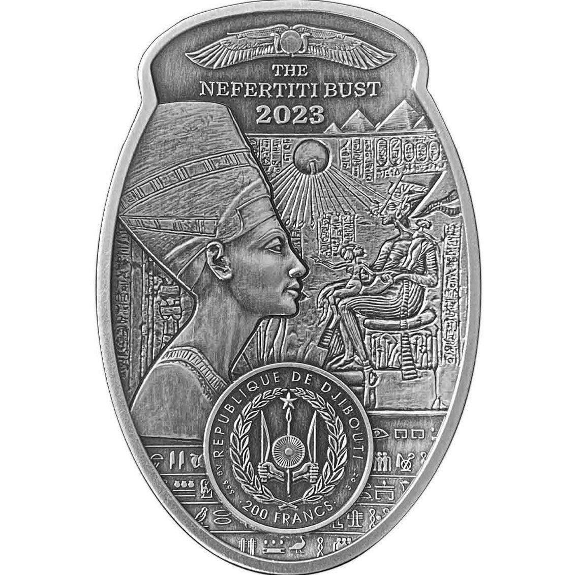 Djibouti 2023 200 Francs  The Nefertiti Bust 3 Oz Antique Silver 3D Shaped Coin