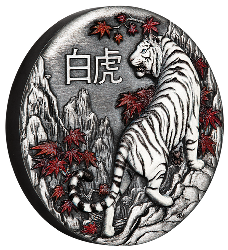 Tuvalu 2022 $2 2oz Antique Silver White Tiger Colorised Coin Perth Mint