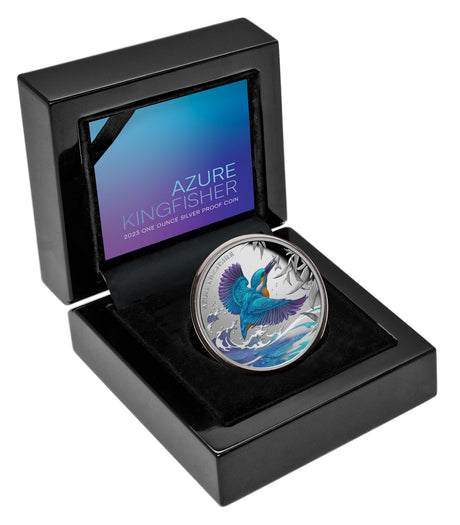 PCGS PR70 Certificate #998 Niue 2023 $1 Azure Kingfisher 1oz .999 Silver Proof Coin  with Case, Box and CoA