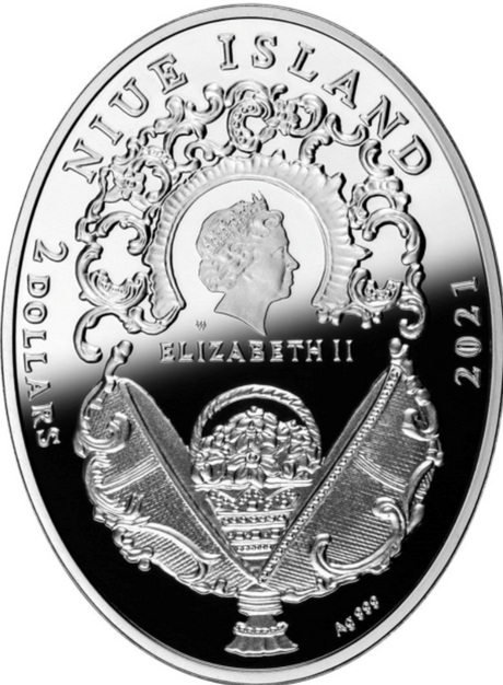 Niue Island 2021 $2 Faberge Egg Mosaic Petit Point Embroidery with Crystals Coloured 56g Silver Proof Coin