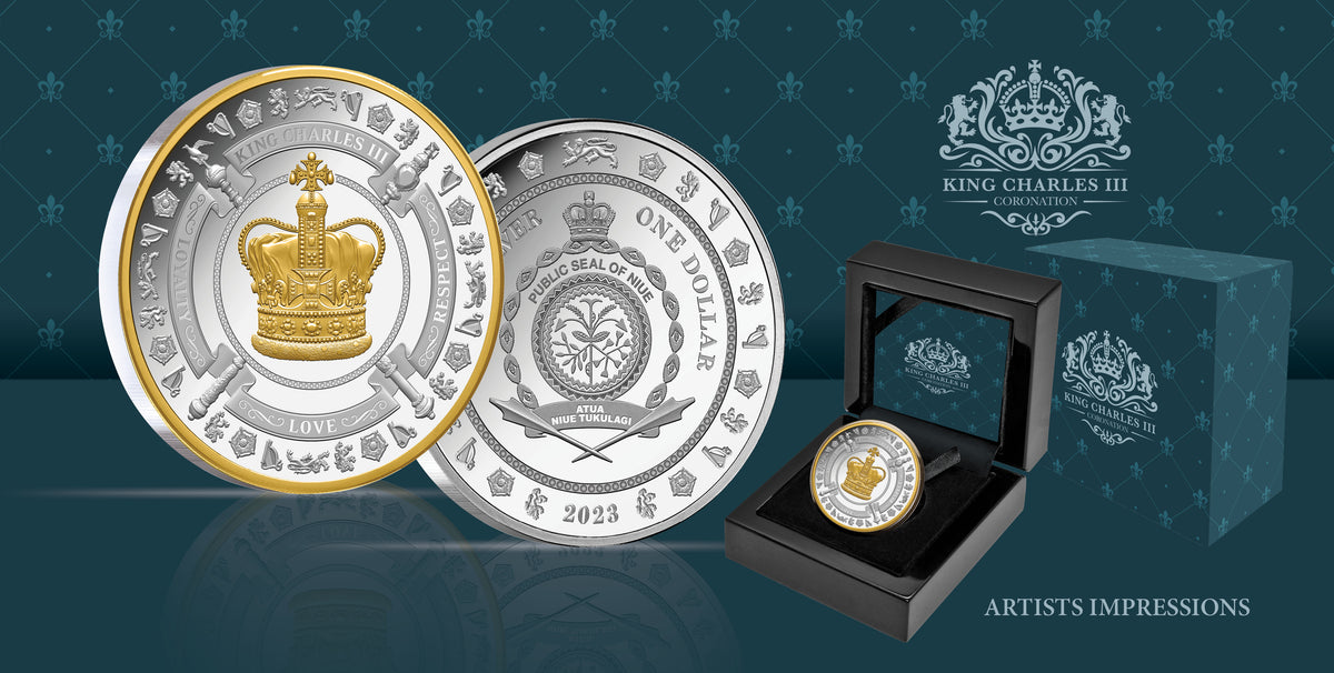 Niue 2023 $1 King Charles III Coronation Gold Plated 1oz Silver Proof Low Mint 1000