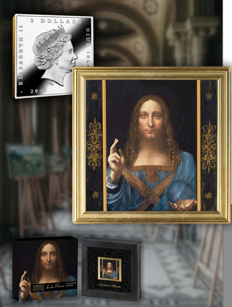 Niue 2021 $2 The Most Expensive Paintings - Leonardo Da Vinci - Salvator Mundi - 2oz 99.9% Silver Gilded Coin Colour Digital Printing
