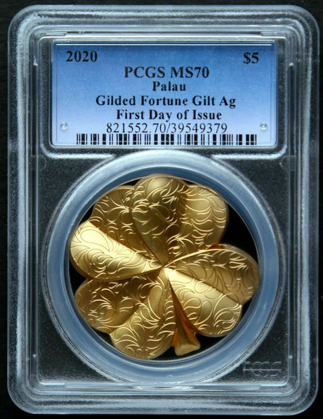 Palau 2020 $5 Gilded Fortune 4 Leaf Clover Gilt .999 1 oz Silver  CIT Smartminting® PCGS MS70