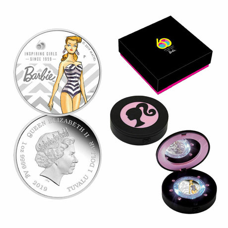 Tuvalu 2019 $1 Proof 60th Anniversary Barbie™ 1 Oz Silver Compact Case with Lights