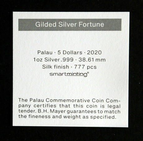 Palau 2020 $5 Gilded Fortune 4 Leaf Clover Gilt .999 1 oz Silver  CIT Smartminting® PCGS MS70