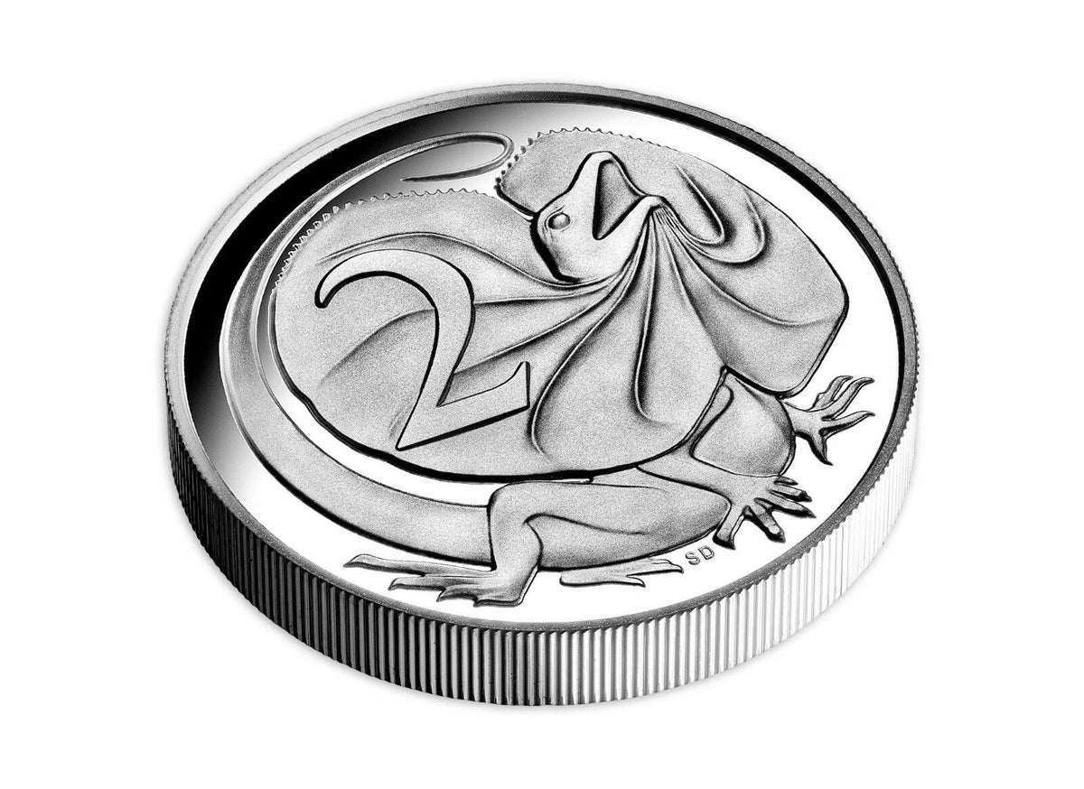 Australia 2018 2 Cent Fine Silver Proof World Money Fair 1oz High Relief Frilled Neck Lizard