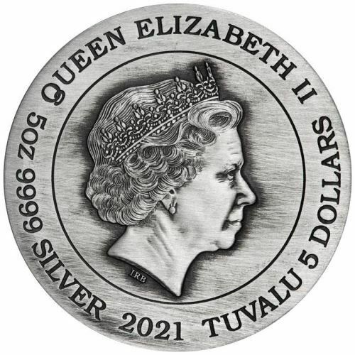Tuvalu 2021 $5 Zhao Yun 5oz Antiqued Silver Coin Obverse