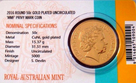 Australia 2016 50 Cent Gold Plated Specially Polished Dies Round WMF 1st Privy Mark Low Mint 5000