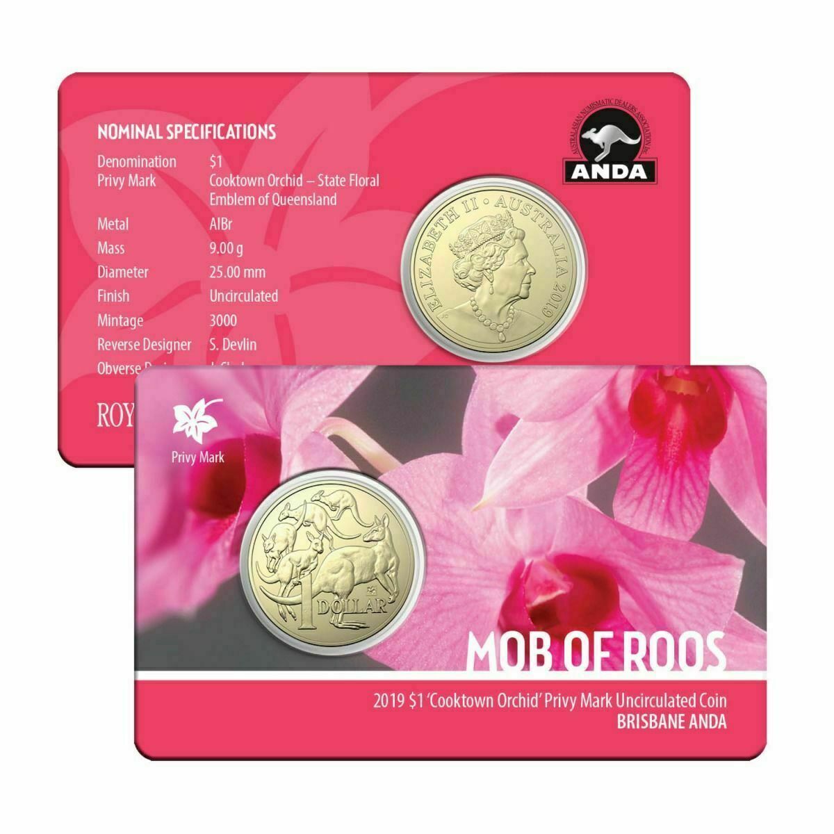 Australia 2019 $1 Uncirculated ANDA Cooktown Orchid Privy Mark