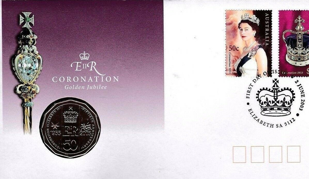 Australia 2003 50 Cent Bronze Uncirculated Golden Jubilee Coronation Stamp and Coin Cover PNC