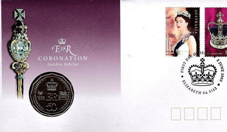 Australia 2003 50 Cent Bronze Uncirculated Golden Jubilee Coronation Stamp and Coin Cover PNC