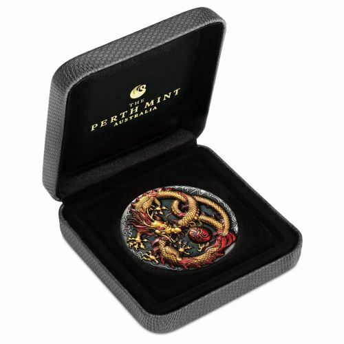 Tuvalu 2020 $2 Dragon 2 Oz Coloured Antiqued Silver Perth Mint Case