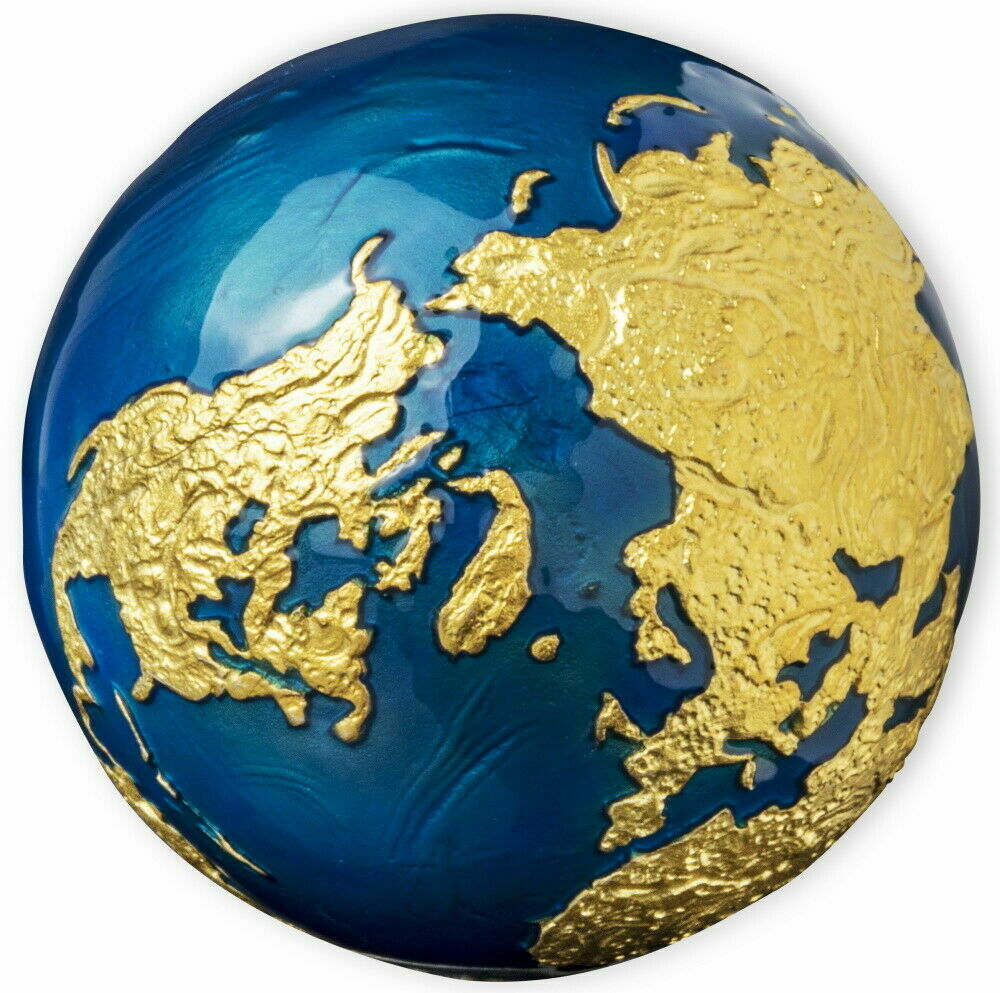 Barbados 2021 $5 Blue Marble Earth Spherical 24K Gold Plate