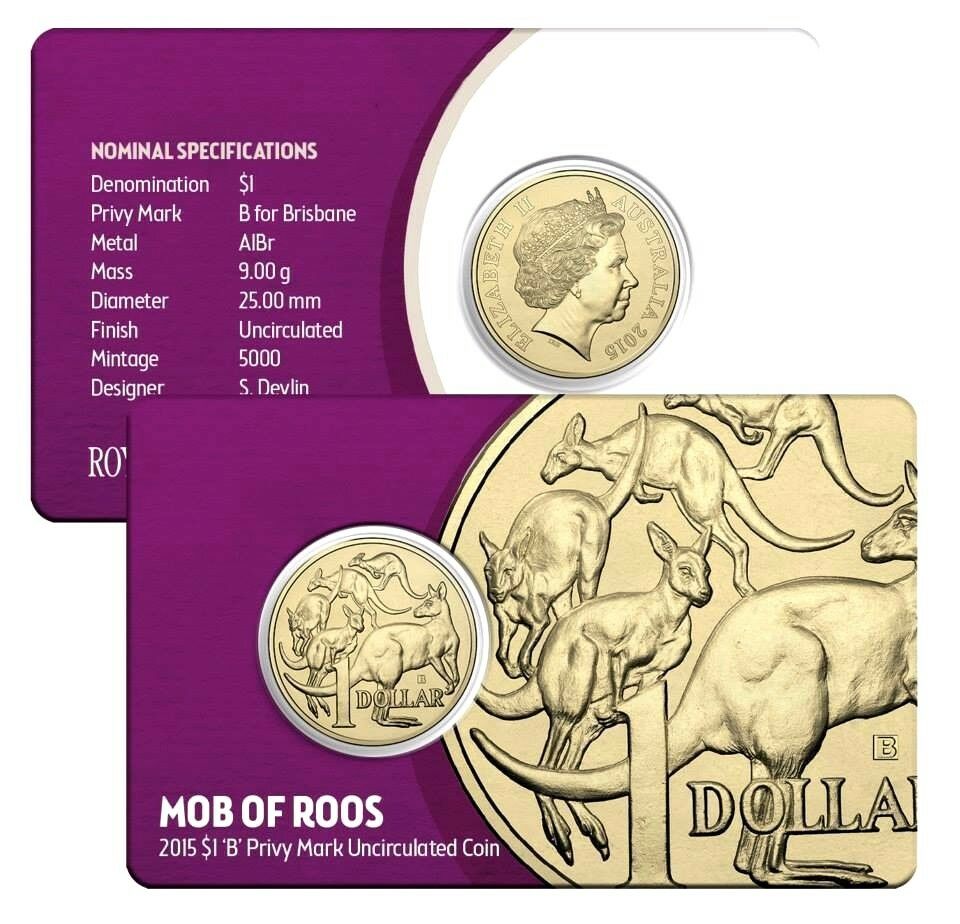Australia 2015 $1 Uncirculated B Brisbane Mintmark Mob of Roos Limited Mintage 10,000