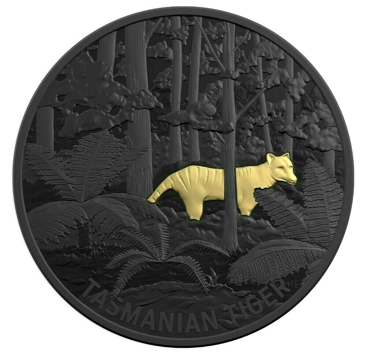 Australia 2019 $5 Gold Plated Black Proof Echoes of Australian Fauna: Tasmanian Tiger Thylacine Reverse