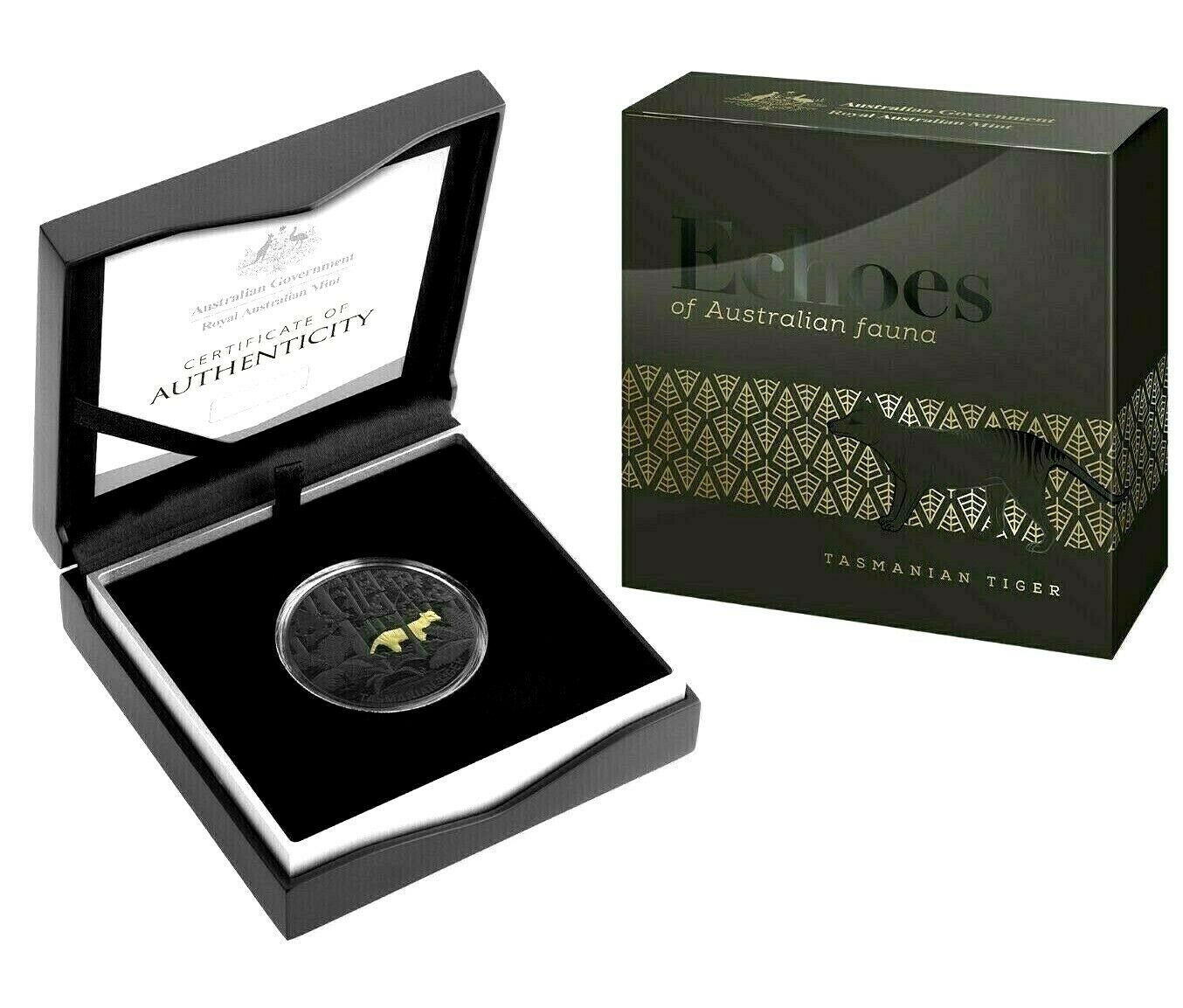 Australia 2019 $5 Gold Plated Black Proof Echoes of Australian Fauna - Tasmanian Tiger Thylacine Box and Case