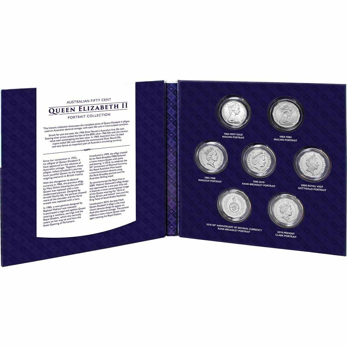 Australia 1966 – 2019 50 Cent Uncirculated Queen Elizabeth II Portrait 7-coin collection