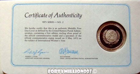 United Nations 1975 Medal Proof International Women's Year Silver First Day Cover Stamp and Medal Cover PMC