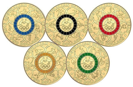 Australia 2016 $2 Uncirculated Olympic Set in Folder 5 Coloured Coins