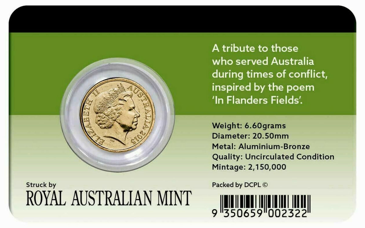 Australia 2015 $2 Flanders Fields Orange Coloured Uncirculated Remembrance Day Coin Pack