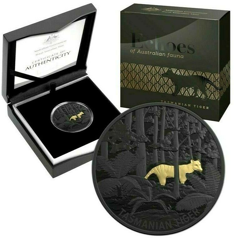 Australia 2019 $5 Gold Plated Black Proof Echoes of Australian Fauna - Tasmanian Tiger Thylacine Coin, Box and Case