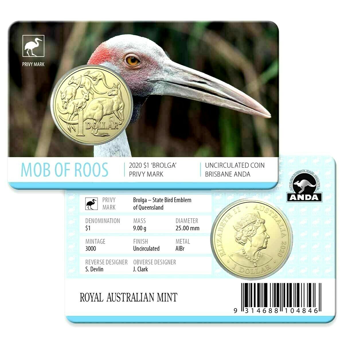 Australia  2020 $1 Uncirculated ANDA Brolga Privy Mark