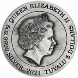 Tuvalu 2021 $5 Fu Lu Shou 5 Oz Silver Antiqued