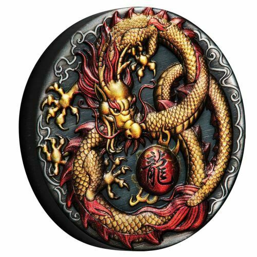 Tuvalu 2020 $2 Dragon 2 Oz Coloured Antiqued Silver Perth Mint Reverse Sude Coloured dragon