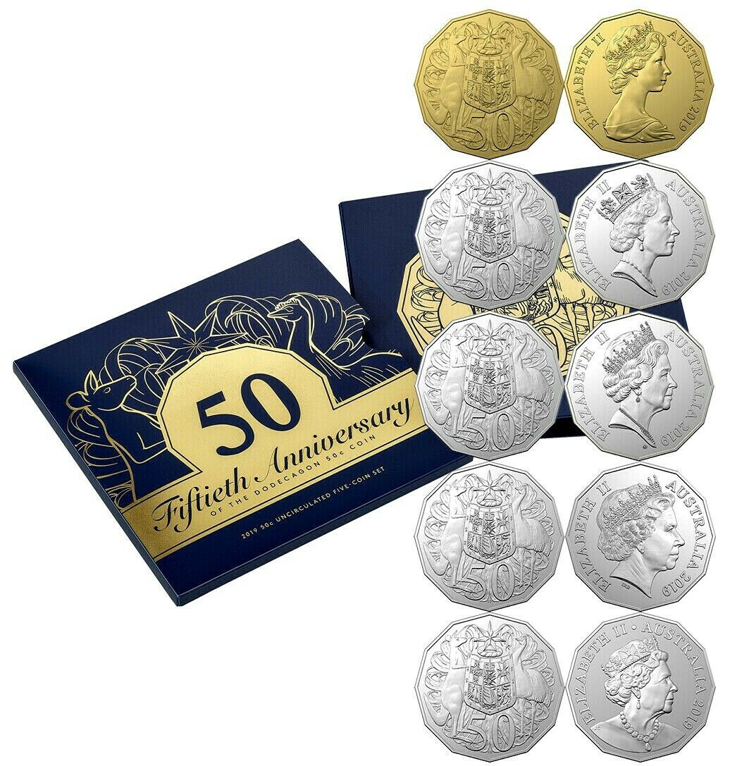 Australia 2019 5 Coin 50 Cent 5-coin Set 50th Anniversary of the 50 Cent including Gold Plate 50 Cent Reverse and Obverse