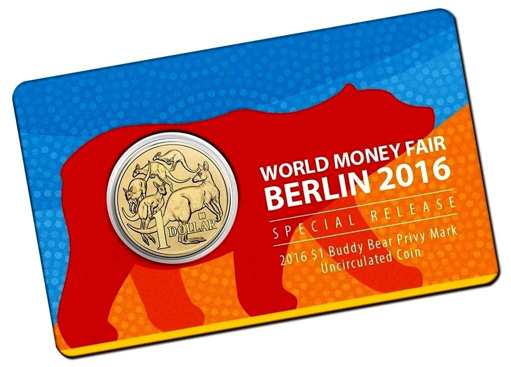 Australia 2016 $1 Uncirculated World Money Fair Mob of Roos Buddy Bear Privy Mark Carded