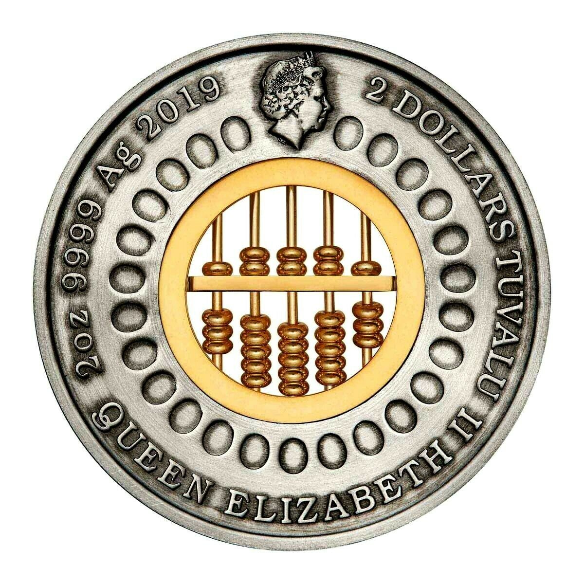 Tuvalu 2019 $2 Golden Abacus Insert 2oz .9999 Silver Antiqued Obverse Perth Mint