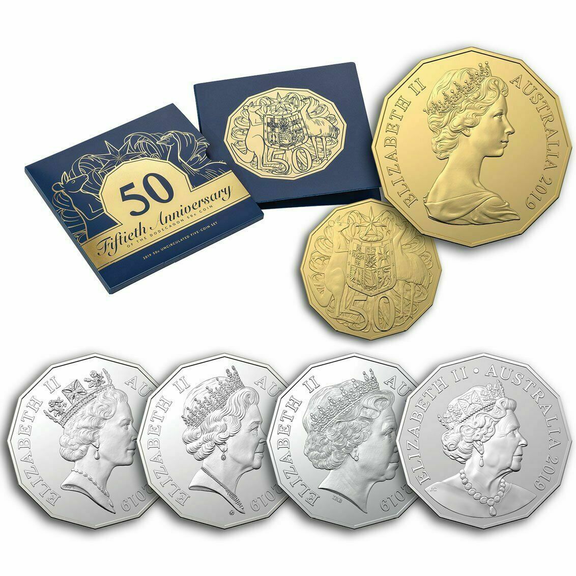 Australia 2019 5 Coin 50 Cent 5-coin Set 50th Anniversary of the 50 Cent including Gold Plate 50 Cent Obverse