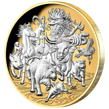Niue 2021 $8 Great Lunar Race 5 Oz Silver Proof  Selectively Gold Plate