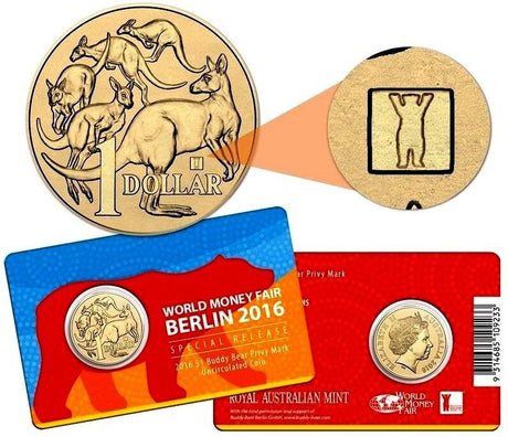 Australia 2016 $1 Uncirculated World Money Fair Mob of Roos Buddy Bear Privy Mark Carded