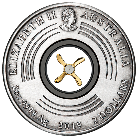 Australia 2019 $2 Centenary Of The First Flight 2 Oz Antiqued Silver with Rotating Propeller Perth Mint