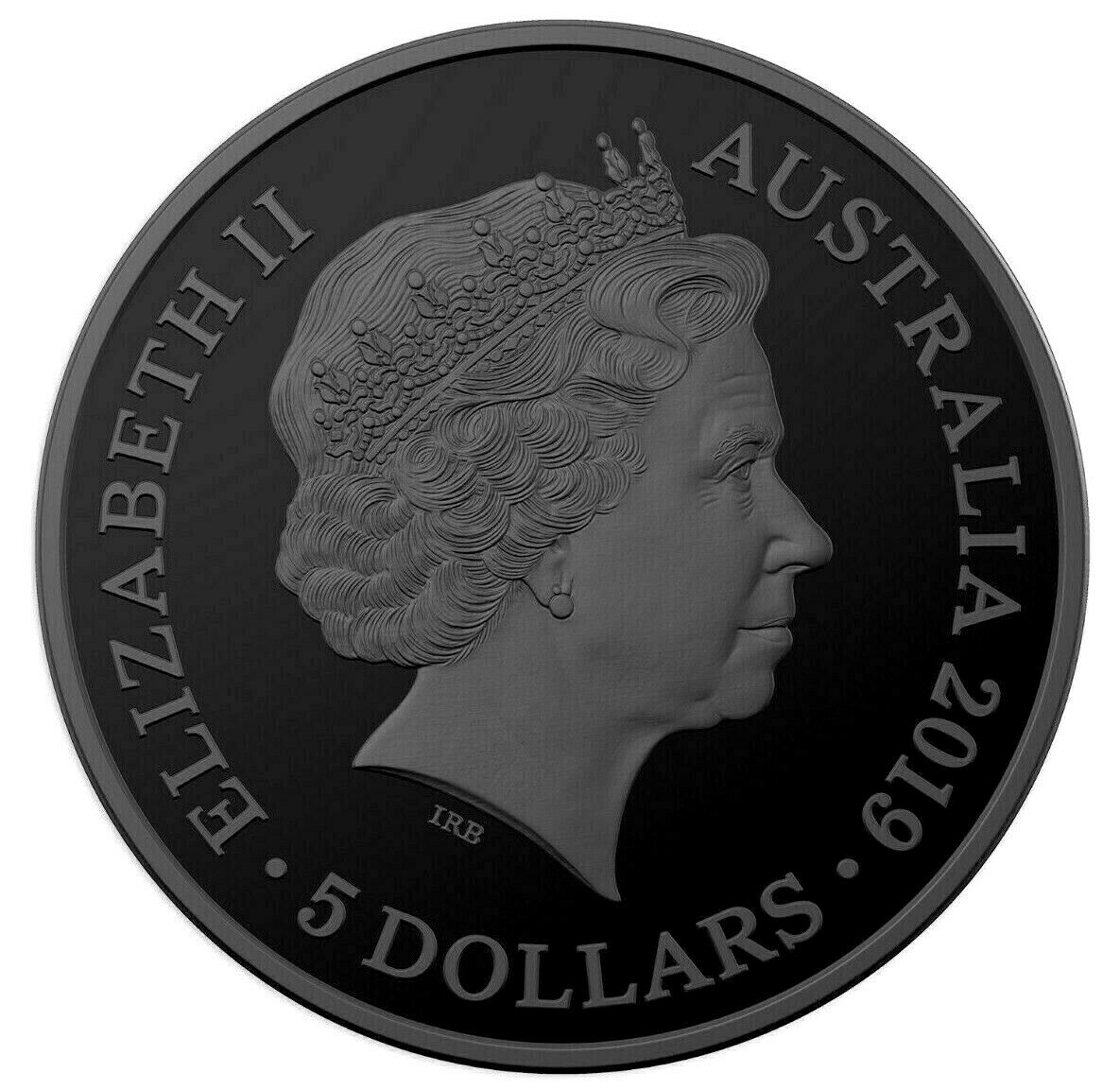 Australia 2019 $5 Gold Plated Black Proof Echoes of Australian Fauna: Tasmanian Tiger Thylacine Obverse