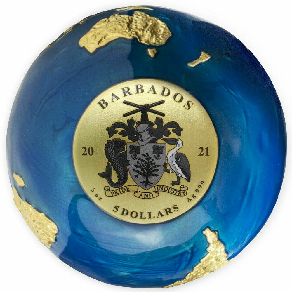 Barbados 2021 $5 Blue Marble Earth Spherical 24K Gold Plate