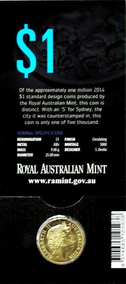Australia 2014 $1 Uncirculated Mob of Roos Sydney Counterstamp Carded