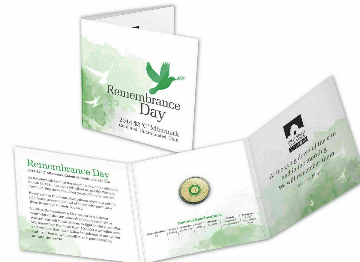 Australia 2014 $2 Green Coloured Uncirculated  Remembrance Day C Mintmark Folder