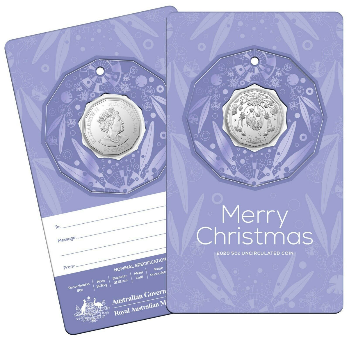 Australia 2020 50 Cent Uncirculated Christmas Decoration Foiled Card- Purple