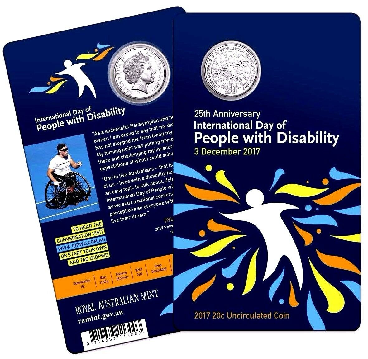 Australia 2017 20 Cent Frosted Uncirculated 25th Anniversary of International Day of People with Disability Carded