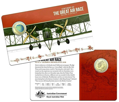 Australia 2019 $1 Coloured Uncirculated Set Centenary of the Great Air Race England to Australia 1919 Collection