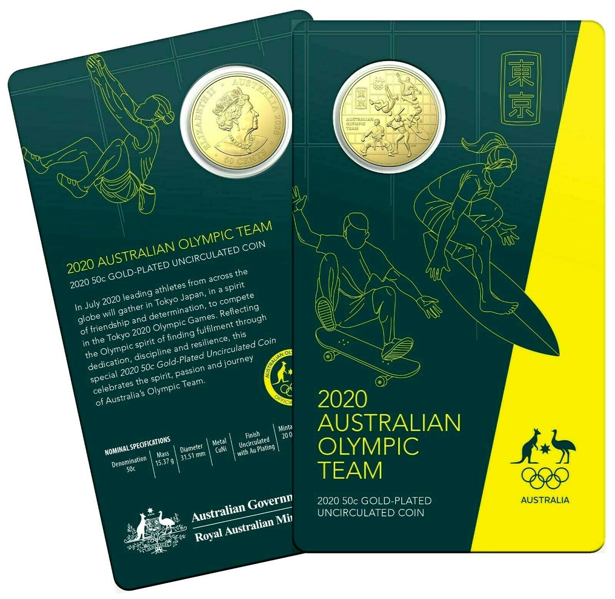 Australia 2020 50 Cent Uncirculated Australian Olympic Team Gold Plated Carded