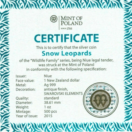 Niue Island 2015 $1 Snow Leopards Swarovski Crystal Eyes 1 Oz Silver