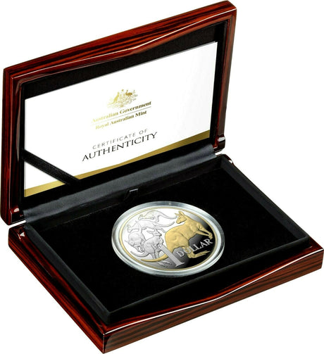 Australia 2020 $1 Proof Mob of Roos 5 Oz Selectively Gold Plated Silver 1000 Made
