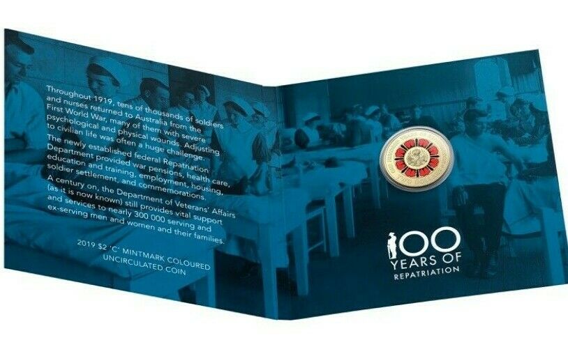 Australia 2019 $2 Coloured Uncirculated 100 Years of Repatriation ANZAC Day Lest We Forget C Mintmark