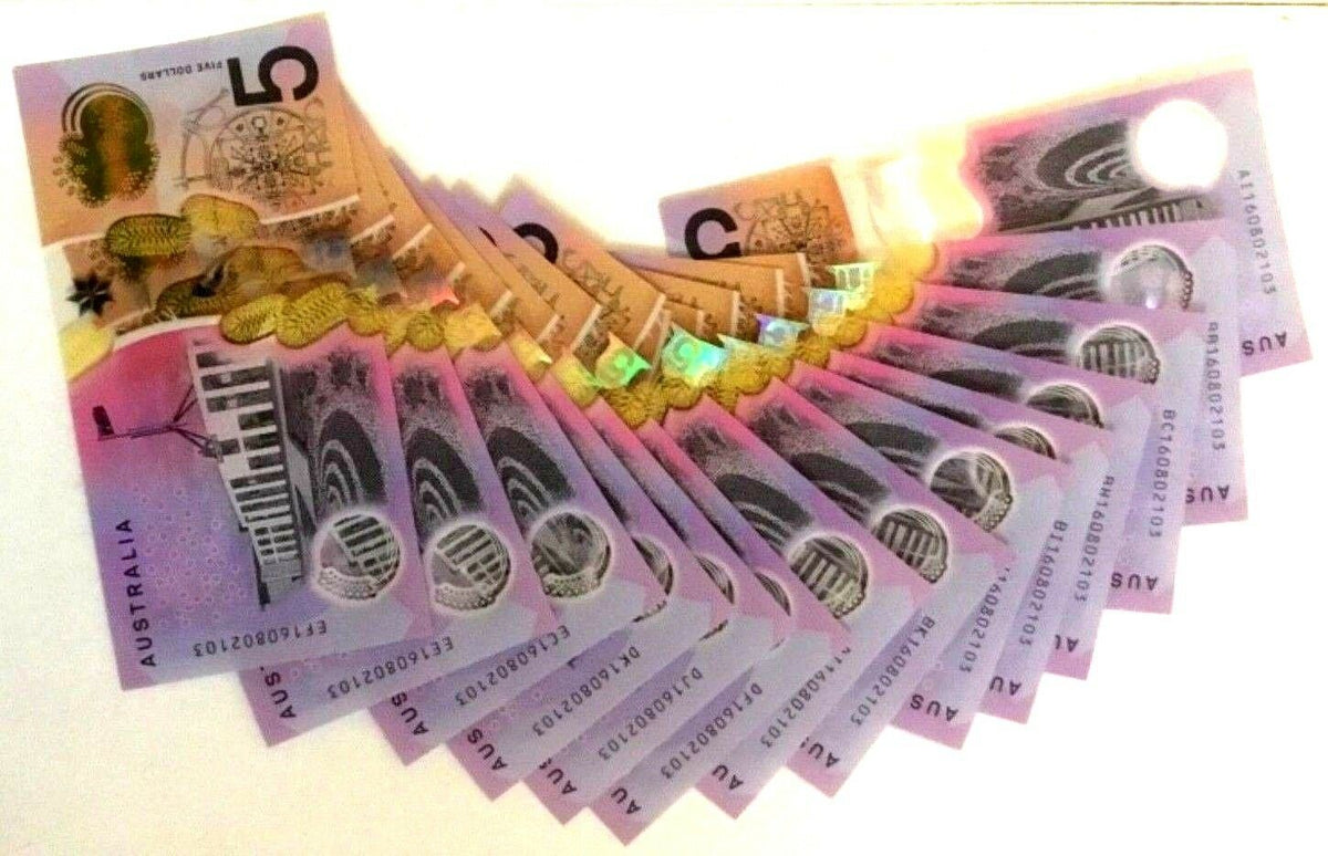 Australia 2016 $5 Uncirculated Matching Serial Numbers"160802103" 14 Notes Banknotes