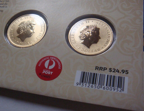 Australia 2013 $1 Frosted Uncirculated Celebrating the Queen's Coronation Stamp and Coin Cover PNC 2 x $1 Coins