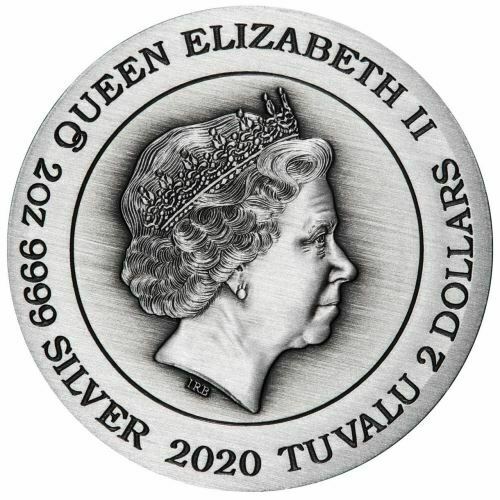 Tuvalu 2020 $2 Dragon 2 Oz Coloured Antiqued Silver Perth Mint Overse Side Queen Elizabeth II